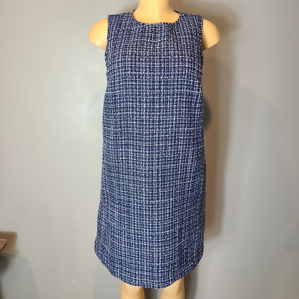 Lands End Tweed Shift Dress Navy White Plaid Size Small Preppy Washable Coastal